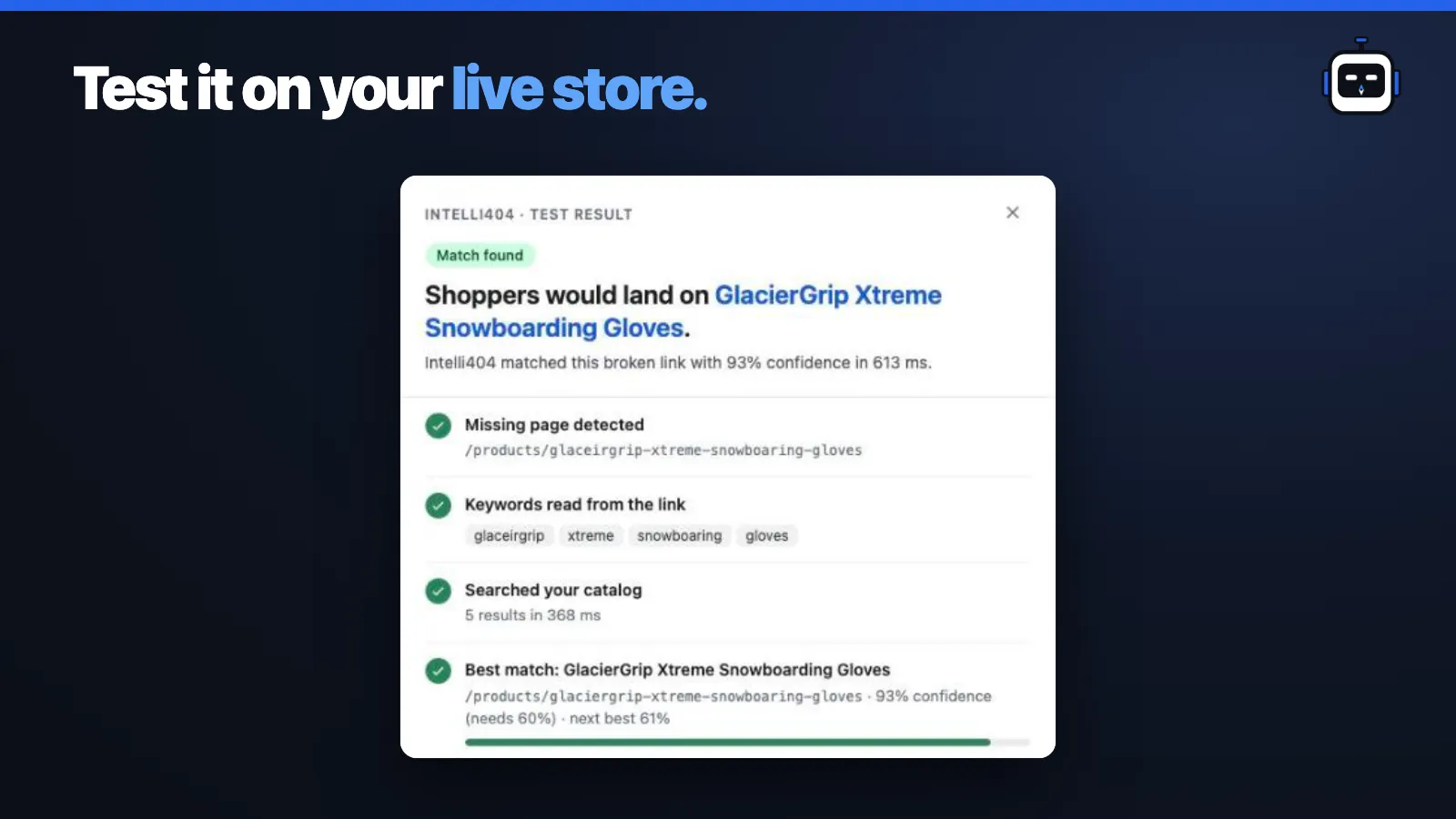 Live store test showing each step of a match